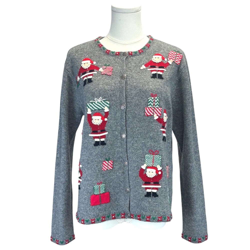 Vintage Talbots Christmas Cardigan 100% Lambswool Gray Santa Holiday Women Sz M